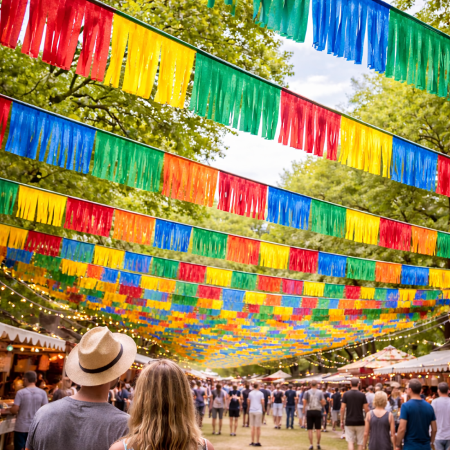 Festa no parque com bandeirinhas coloridas