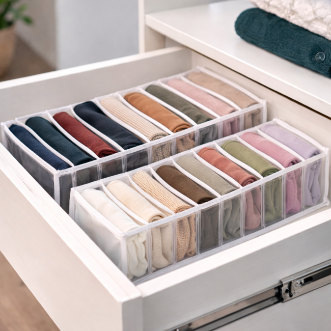 Organizadores transparentes com roupas organizadas